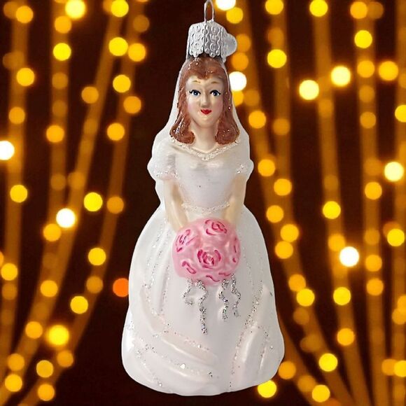 Old World Christmas Bride Ornament Brunette White Dress Roses Vintage Glass OWC - Picture 1 of 15